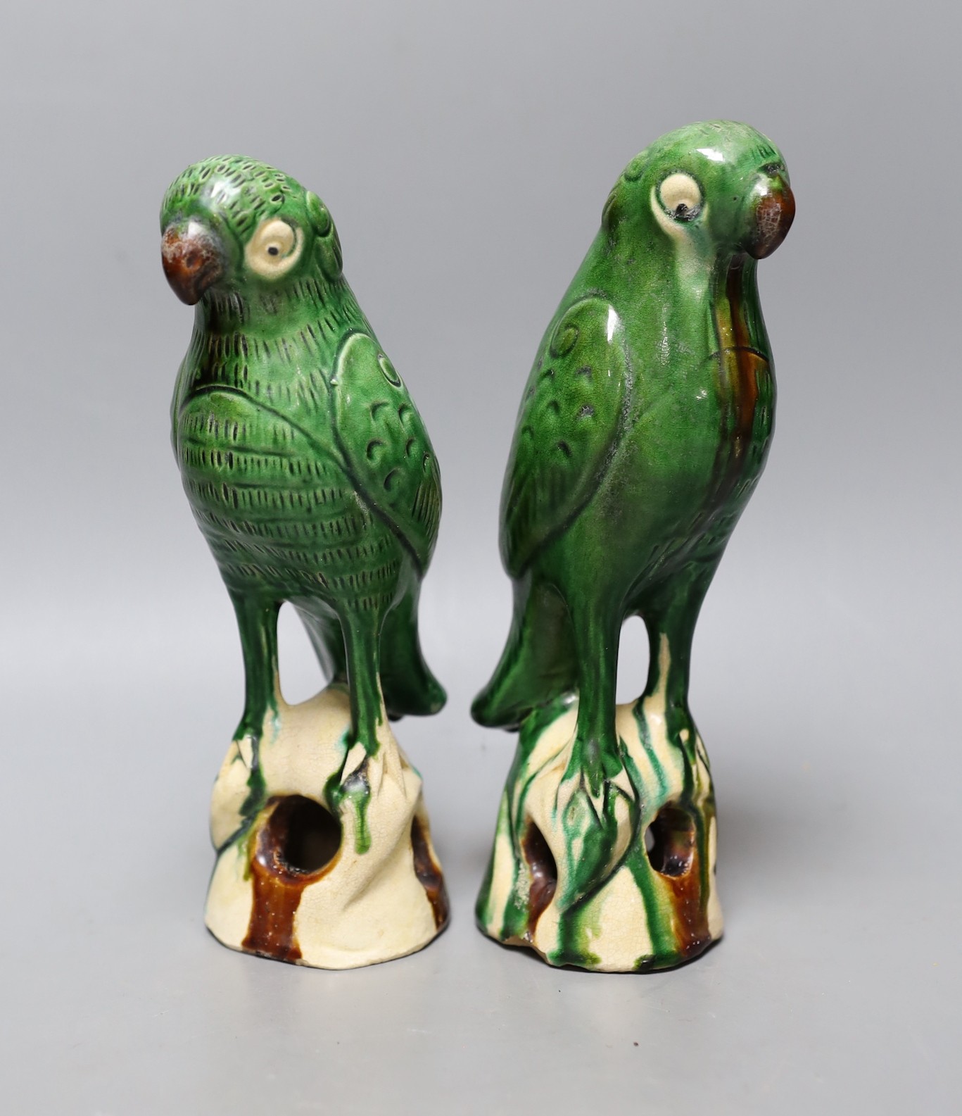A pair of 19th/20th century Chinese sancai stoneware parrots, 22cm